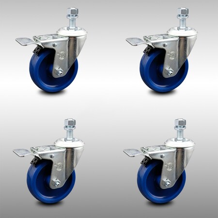 Service Caster 4 Inch SS Solid Polyurethane 12mm Threaded Stem Caster Set Total Lock Brake SCC-SSTSTTL20S414-SPUS-M1215-4